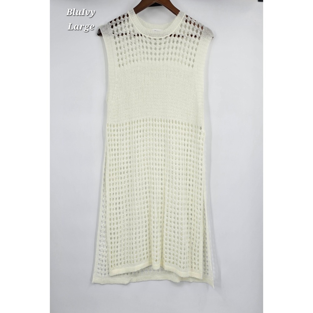 Bluivy Large Ivory Open Knit Crochet Midi Dress Sleeveless Boho Coastal Sheer